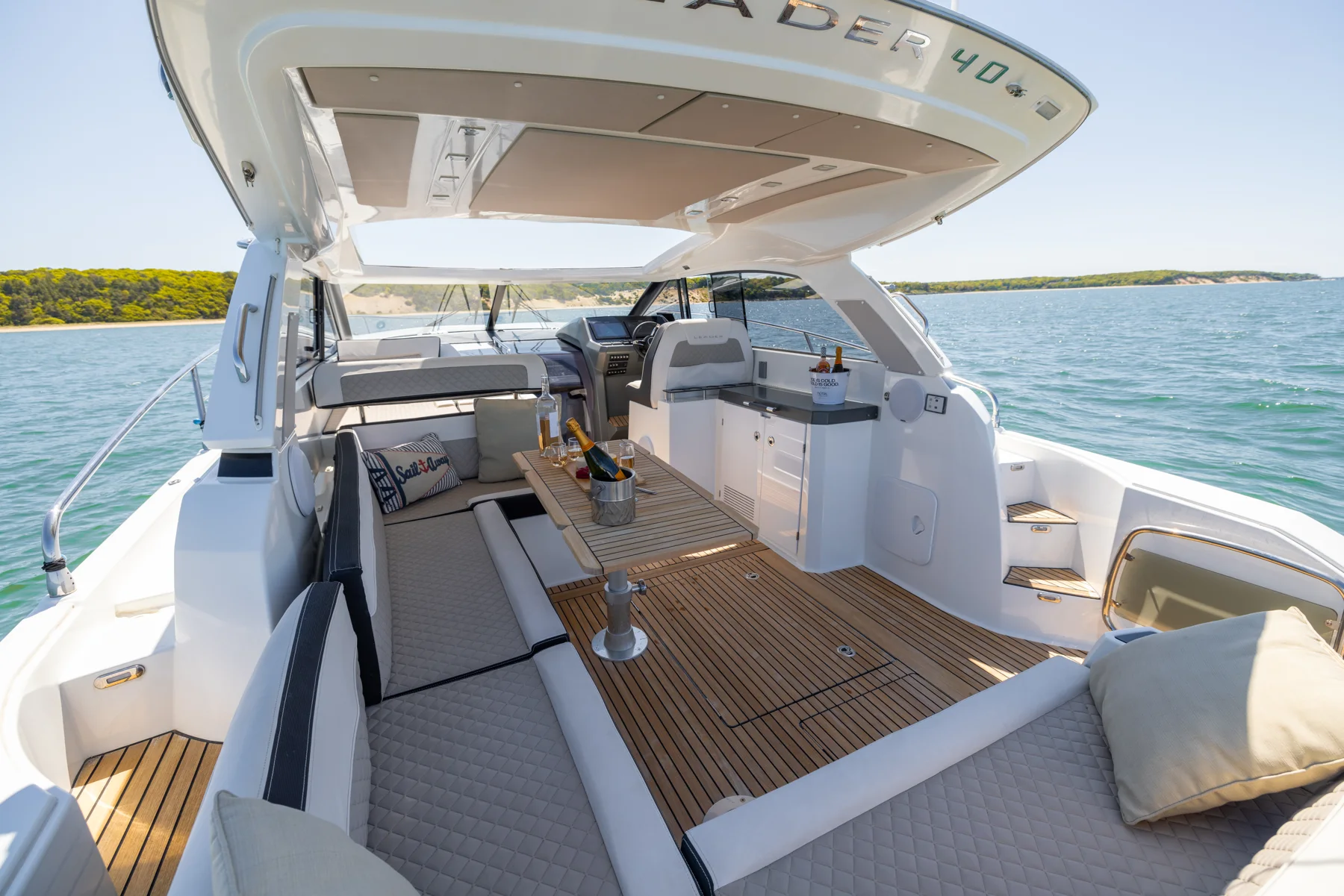 Seating and amenities aboard 40ft Jeanneau Leader